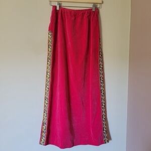 Vintage 70s Magenta Pink Velvet Maxi Skirt with Paisley Ribbon